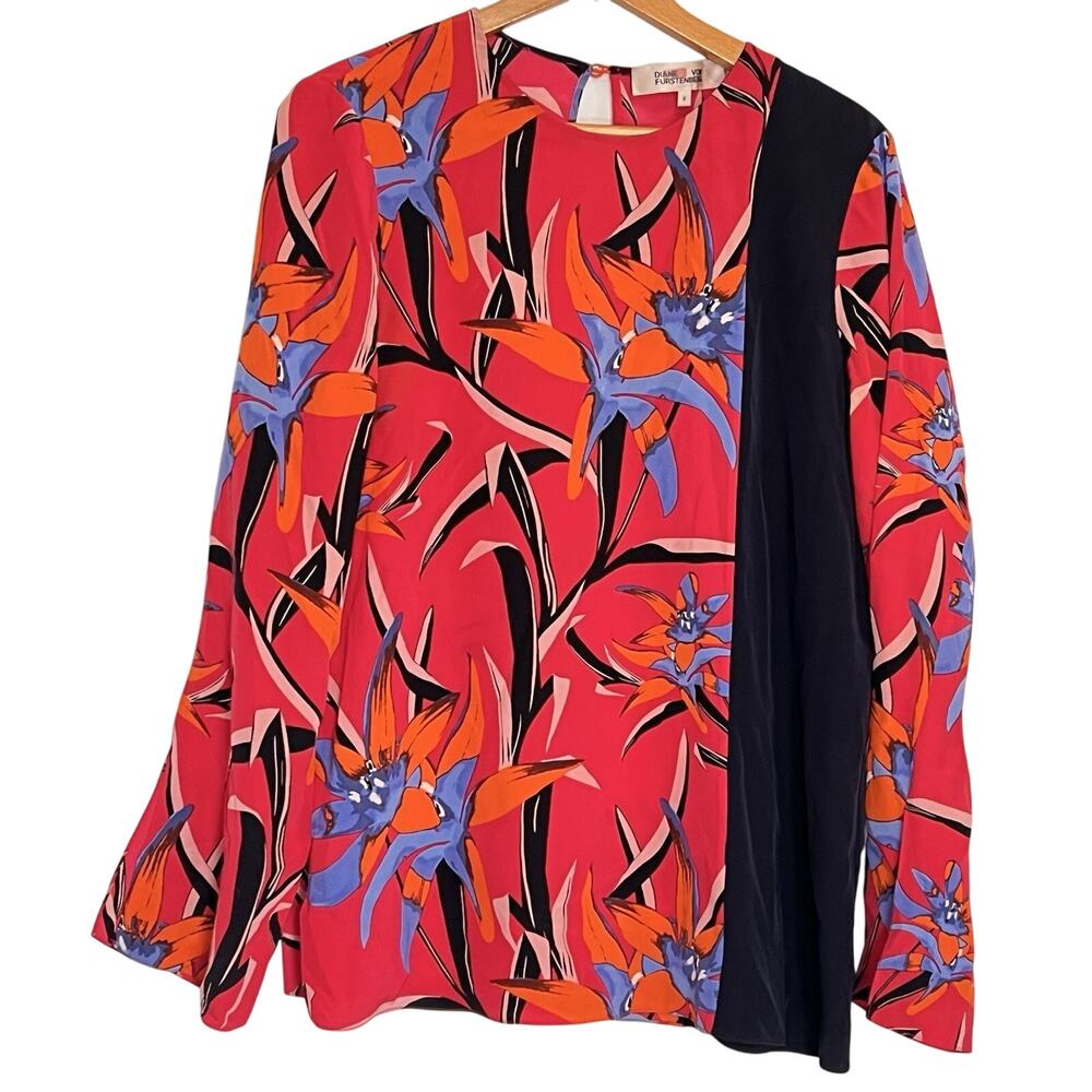 Diane von Furstenberg Side Slit Blouse Size 8 Pink Black Floral 100% Silk Top
